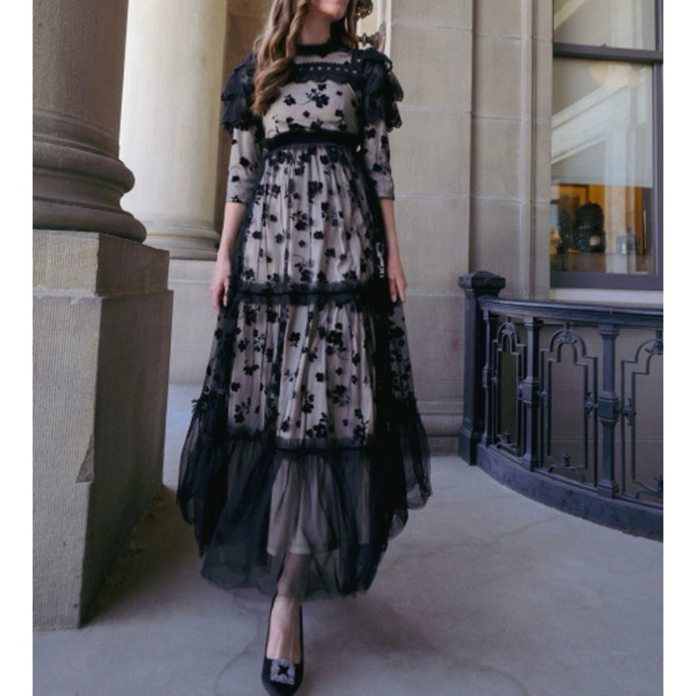 Dainty Jewells Black Floral Lace Overlay Maxi Dress with Nude Tag is